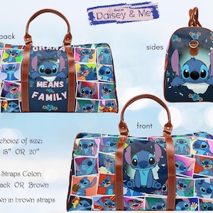 May include: A blue travel bag featuring the character Stitch from Lilo & Stitch. The bag has brown handles and straps, with the words "OHANA MEANS FAMILY" on the front. Available in 18 or 20 inch sizes.