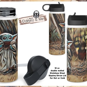 May include: A 18 ounce double-walled stainless steel water bottle with a sipping straw lid. The bottle features a colorful illustration of a character from the Star Wars franchise, "The Mandalorian", known as "Baby Yoda". The bottle is designed for hot or cold beverages.