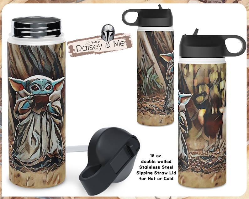 May include: A 18 ounce double-walled stainless steel water bottle with a sipping straw lid. The bottle features a colorful illustration of a character from the Star Wars franchise, "The Mandalorian", known as "Baby Yoda". The bottle is designed for hot or cold beverages.