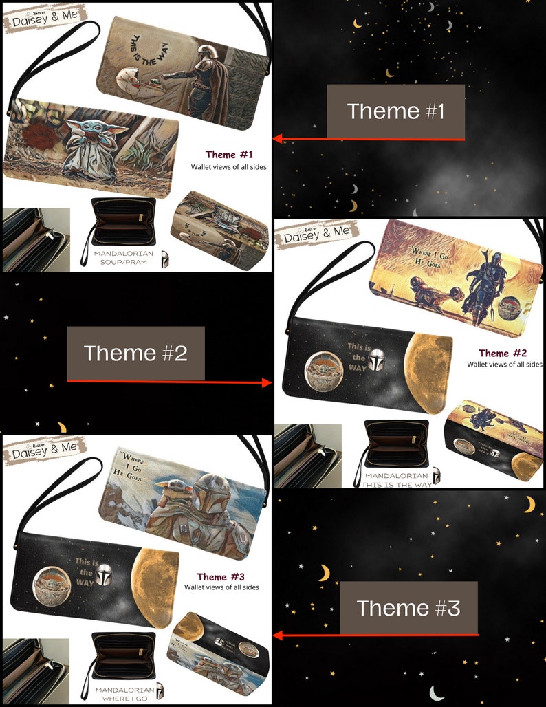 Pode incluir: Quatro designs diferentes para uma carteira com personagens e cenas da franquia Star Wars. Os designs incluem um personagem da s&eacute;rie Mandalorian, um personagem da s&eacute;rie Baby Yoda e uma cena do filme Star Wars. O texto "This is the Way" aparece em uma das carteiras.