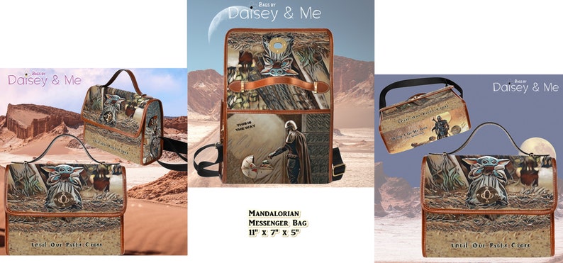 Pode incluir: Tr&ecirc;s estilos diferentes de bolsas de mensageiro com um padr&atilde;o de camuflagem marrom e verde com um personagem da franquia Star Wars. As bolsas t&ecirc;m uma guarni&ccedil;&atilde;o de couro marrom e o texto "Daisey & Me" e "Trial Our Faith Crew". A bolsa do meio &eacute; de estilo mochila e tem o texto "Mandalorian Messenger Bag 11" x 7" x 5"".