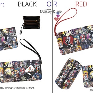 K&ouml;nnte beinhalten: Eine Nightmare Before Christmas-Geldb&ouml;rse mit einer Collage von Charakteren. Die Geldb&ouml;rse ist in zwei Farben erh&auml;ltlich: Schwarz mit schwarzem Riemen, Innenfutter und Besatz oder Rot mit rotem Riemen, Innenfutter und Besatz.