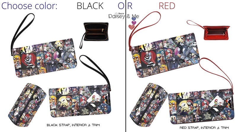 K&ouml;nnte beinhalten: Eine Nightmare Before Christmas-Geldb&ouml;rse mit einer Collage von Charakteren. Die Geldb&ouml;rse ist in zwei Farben erh&auml;ltlich: Schwarz mit schwarzem Riemen, Innenfutter und Besatz oder Rot mit rotem Riemen, Innenfutter und Besatz.