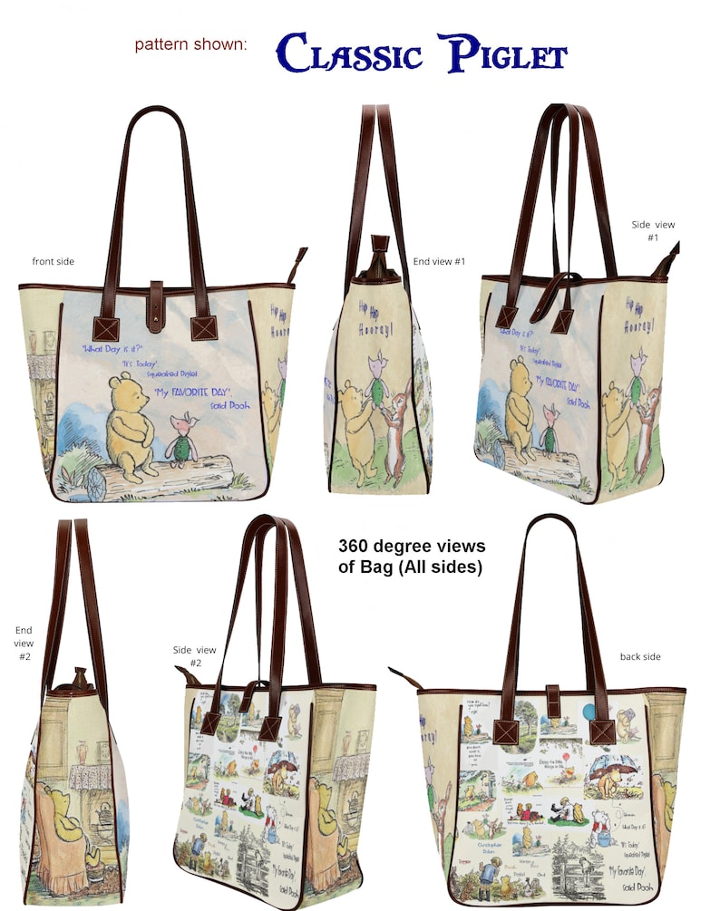 May include: A beige tote bag with brown leather handles and a zipper closure. The bag features a colorful print of Winnie the Pooh and Piglet characters from the book "My Favorite Day" by A.A. Milne. The text "What Day is it? Today!" and "My Favorite Day" is printed on the bag.