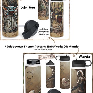 May include: Two 18 ounce double-walled stainless steel water bottles with sipping straw lids. One bottle features a Baby Yoda image with the text "Daisey & Me" and "Baby Yoda". The other bottle features a Mandalorian image with the text "Daisey & Me" and "Mando".