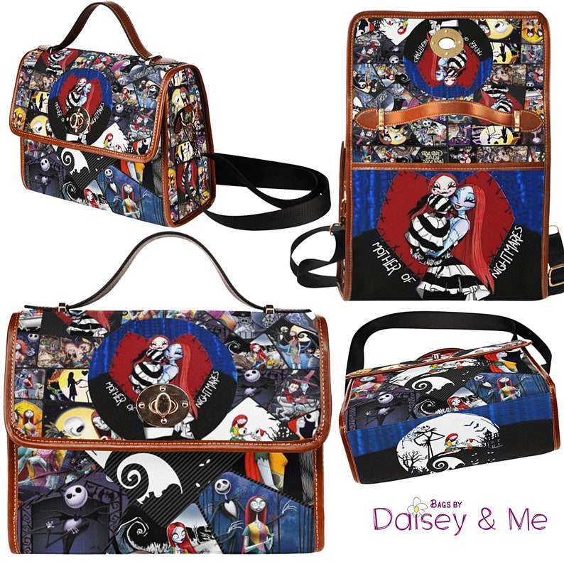 May include: A black and blue crossbody bag with a patchwork design featuring characters from The Nightmare Before Christmas. The bag has a brown leather trim and a top handle. The front of the bag features a heart with the text "Mother of Nightmares".