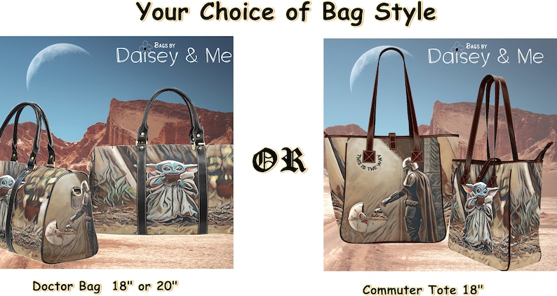 Pode incluir: Dois estilos diferentes de bolsas com tema Star Wars. A primeira bolsa &eacute; do estilo bolsa de m&eacute;dico com uma al&ccedil;a de couro marrom e uma estampa de um personagem do filme Star Wars. A segunda bolsa &eacute; do estilo bolsa tote com uma al&ccedil;a de couro marrom e uma estampa de um personagem do filme Star Wars. O texto na imagem diz "Bags by Daisey & Me" e "Your Choice of Bag Style".
