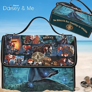 May include: A black leather handbag with a collage of images from the movie Brave. The bag features a large image of Merida on the front, along with smaller images of the characters and scenes from the movie. The bag has a gold-colored clasp and a black strap. The text "Brave" is printed on the bag.