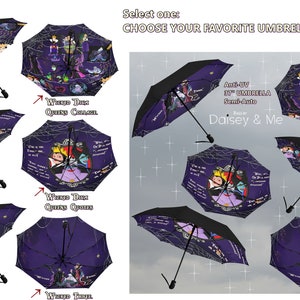 May include: A set of ten purple and black umbrellas with a variety of designs featuring Disney villains. The umbrellas are semi-automatic and have an anti-UV coating. The text on the umbrellas reads "Wicked Disney Queens Collage" and "Wicked Disney Queens Quotes".