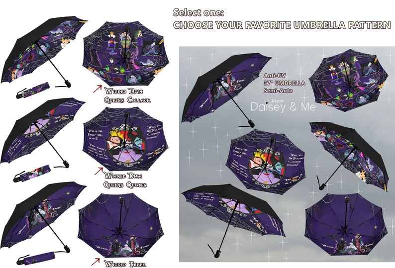 May include: A set of ten purple and black umbrellas with a variety of designs featuring Disney villains. The umbrellas are semi-automatic and have an anti-UV coating. The text on the umbrellas reads "Wicked Disney Queens Collage" and "Wicked Disney Queens Quotes".