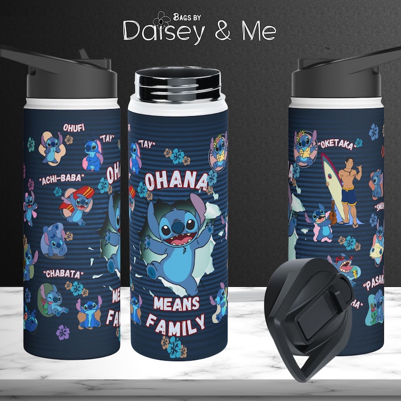 May include: Three water bottles with a navy blue background and a cartoon character design. The bottles feature the text "OHANA MEANS FAMILY" and various images of the character. Each bottle has a black lid.