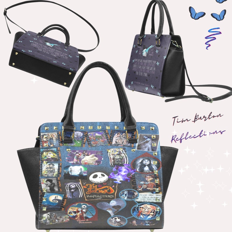 May include: Three black handbags with different designs. The first bag has a blue and white pattern with the text "This is Halloween". The second bag has a blue and white pattern with the text "What's This?" The third bag has a blue and white pattern with a collage of images from the movie "The Nightmare Before Christmas".