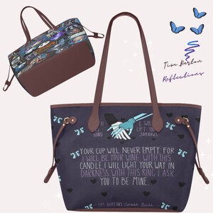 May include: A dark purple tote bag with brown leather handles and a quote from Tim Burton's Corpse Bride: "Your cup will never empty, for I will be your wine with this candle I will light your way in darkness. With this ring I ask you to be mine." The bag features a graphic of two hands holding each other, one skeletal and one flesh.