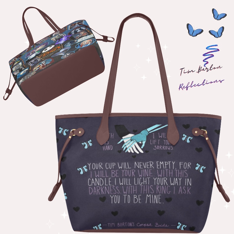 May include: A dark purple tote bag with brown leather handles and a quote from Tim Burton's Corpse Bride: "Your cup will never empty, for I will be your wine with this candle I will light your way in darkness. With this ring I ask you to be mine." The bag features a graphic of two hands holding each other, one skeletal and one flesh.