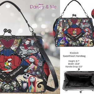 May include: Kisslock Sweetheart Handbag with a patchwork design featuring characters from a popular animated film. The bag has a black strap and a metal clasp. Height is 22 cm, width is 27.4 cm, and handle drop is 14 cm.