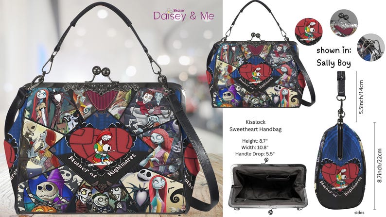 May include: Kisslock Sweetheart Handbag with a patchwork design featuring characters from a popular animated film. The bag has a black strap and a metal clasp. Height is 22 cm, width is 27.4 cm, and handle drop is 14 cm.