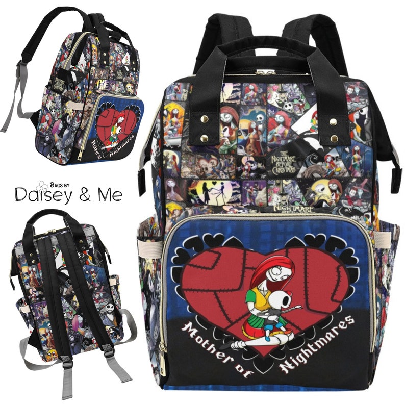 May include: A black and blue diaper bag with a collage of images from the Nightmare Before Christmas movie. The bag has a large heart-shaped patch with Sally and Jack Skellington on it. The text "Mother of Nightmares" is printed on the bag.