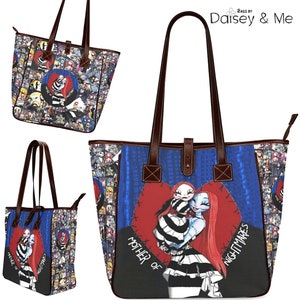 May include: A brown canvas tote bag with a colorful print of characters from the Nightmare Before Christmas movie. The bag features a large red heart with Sally and Jack Skellington inside. The text "Mother of Nightmares" is printed on the bag.