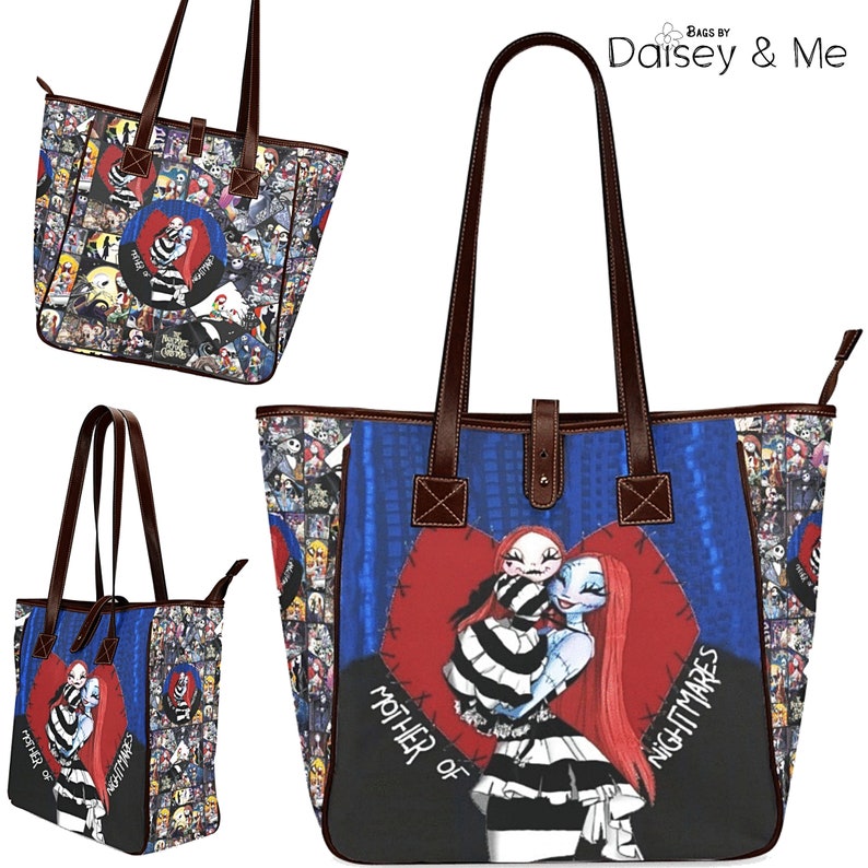 May include: A brown canvas tote bag with a colorful print of characters from the Nightmare Before Christmas movie. The bag features a large red heart with Sally and Jack Skellington inside. The text "Mother of Nightmares" is printed on the bag.
