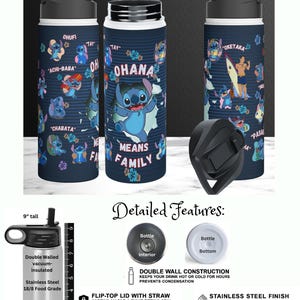 May include: Navy blue insulated water bottle with a black lid, featuring a Stitch character design. The bottle is 9 inches tall and has the text "Ohana Means Family". It has a flip-top lid with a straw and a stainless steel finish.