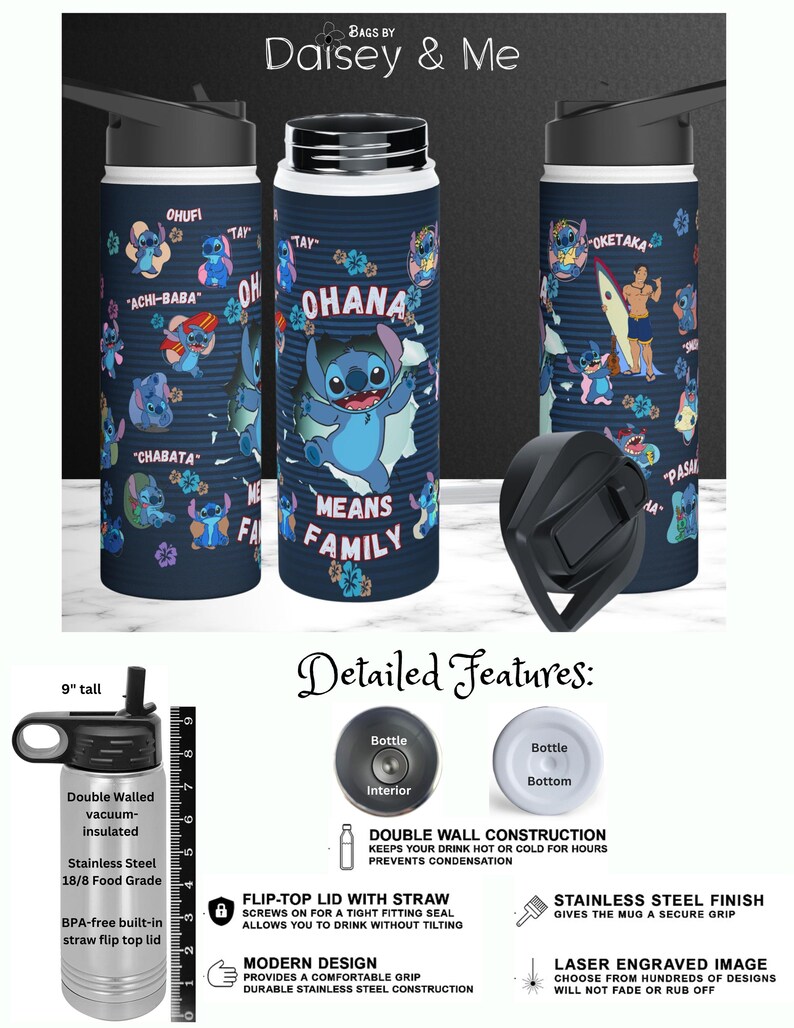 May include: Navy blue insulated water bottle with a black lid, featuring a Stitch character design. The bottle is 9 inches tall and has the text "Ohana Means Family". It has a flip-top lid with a straw and a stainless steel finish.