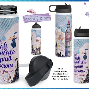Mary Poppins ∙ Hot and Cold ∙ Insulated Bottle with straw Lid ∙ Nanny Gifts ∙ Birthday Gifts for Her ∙ London Travel Gift ∙ Backpack Gift