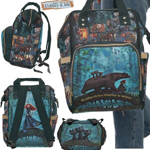 May include: A set of three green and blue backpacks with a print of a bear and a girl with red hair. The backpacks have the text "Be Brave for Destiny is Within".