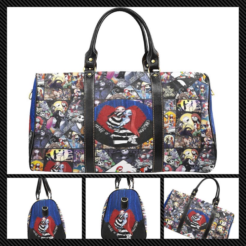 May include: A large, rectangular travel bag featuring a collage of images from "The Nightmare Before Christmas." The bag has black leather handles and trim. The central design features Jack and Sally in a heart-shaped design. The words "Father of Nightmares" are visible.