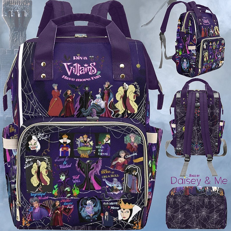 May include: A purple and black Disney Villains themed backpack featuring a large image of Maleficent, Ursula, Cruella de Vil, and the Evil Queen on the front. The backpack has a zipped pocket on the front and a large main compartment. The backpack also has adjustable straps and a handle on the top. The text "Diva Villains Have More Fun" is printed on the front of the backpack.