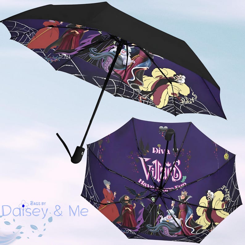 May include: A purple and black umbrella featuring a design of Disney Villains, including Maleficent, Ursula, Cruella de Vil, and the Evil Queen. The umbrella has the text "Diva Villains Have More Fun".