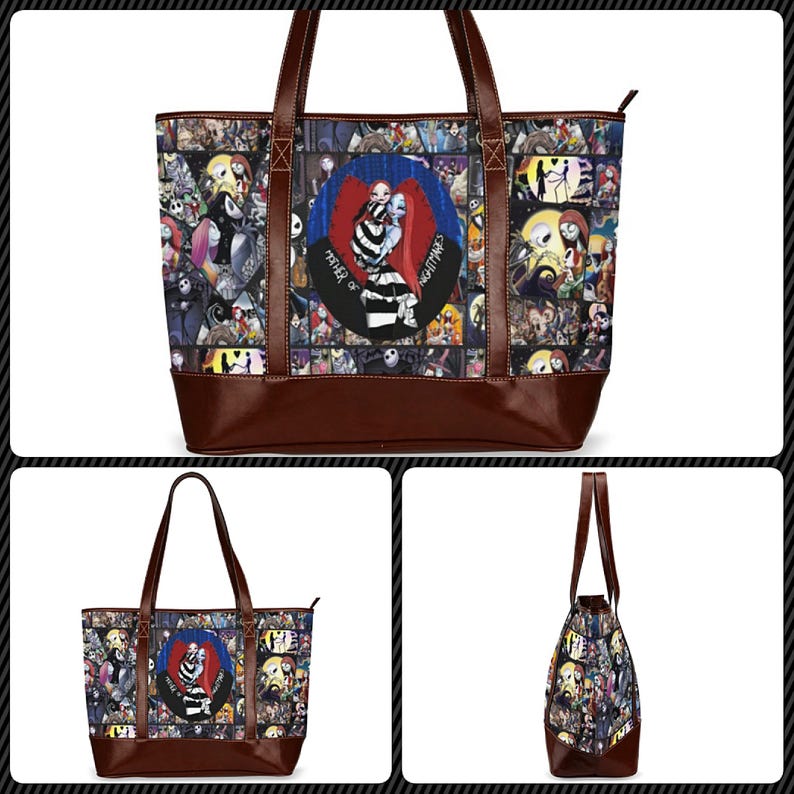 May include: A tote bag with a collage of characters from "The Nightmare Before Christmas." It has brown leather handles and a brown base. The central design features Jack and Sally in a heart-shaped emblem, with the words "Mother of Nightmares."