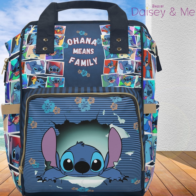 May include: A blue and navy backpack featuring the character Stitch from Lilo & Stitch. The backpack has a striped pattern and the words "OHANA MEANS FAMILY". The bag has multiple pockets and a top handle.