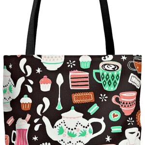 Tote Bag,Coffee,Tea Time,Donuts,Totes and Bags,Coffee Shop,Book Bag,Summer Tote,Gift for Mom,Weekender,Beach Bag,Sizes,Colors,Personalize image 1