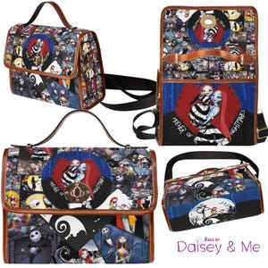 May include: A satchel-style handbag with a brown handle and strap. The bag features a collage of images from "The Nightmare Before Christmas" with a central image of Sally and Jack Skellington. The bag has a brown trim and a metal clasp.