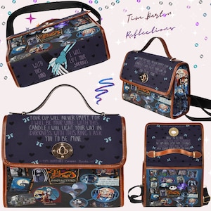 May include: A dark blue crossbody bag with a brown leather trim. The bag features a collage of images from the Tim Burton movie "The Nightmare Before Christmas". The bag has a quote from the movie on the front: "Your cup will never empty, for I will be your wine. With this candle I will light your way in darkness. With this ring I ask you to be mine."