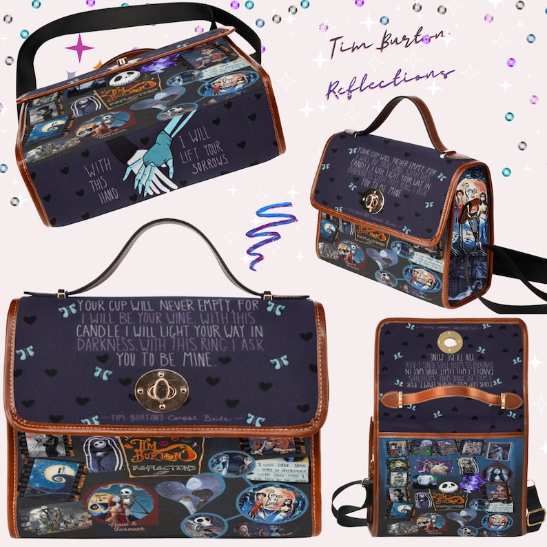 May include: A dark blue crossbody bag with a brown leather trim. The bag features a collage of images from the Tim Burton movie "The Nightmare Before Christmas". The bag has a quote from the movie on the front: "Your cup will never empty, for I will be your wine. With this candle I will light your way in darkness. With this ring I ask you to be mine."