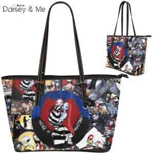 May include: A black tote bag with a design featuring characters from "The Nightmare Before Christmas." The bag has black handles and a zip closure. The main design element is a circular image of Sally and Jack Skellington with the text "Mother of Nightmares."