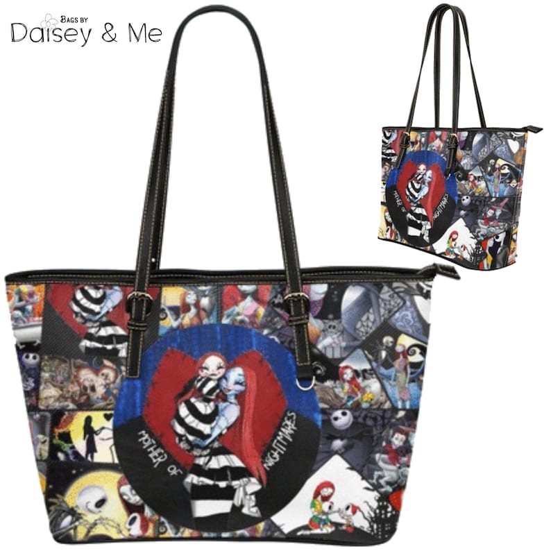 May include: A black tote bag with a design featuring characters from "The Nightmare Before Christmas." The bag has black handles and a zip closure. The main design element is a circular image of Sally and Jack Skellington with the text "Mother of Nightmares."