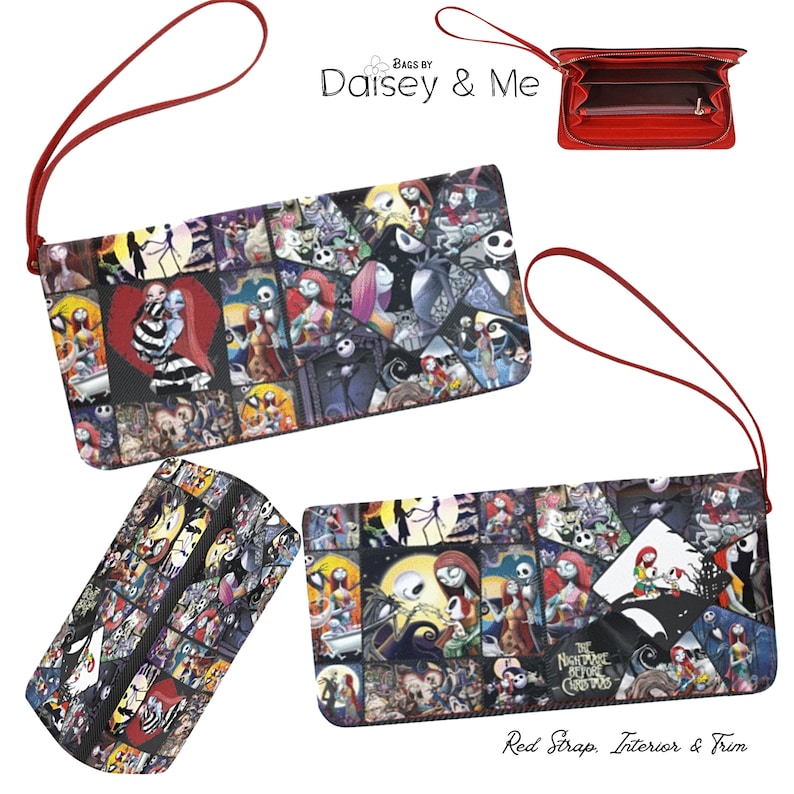 May include: A red and black wallet with a collage of characters from the movie The Nightmare Before Christmas. The wallet has a red strap and the interior and trim are also red.