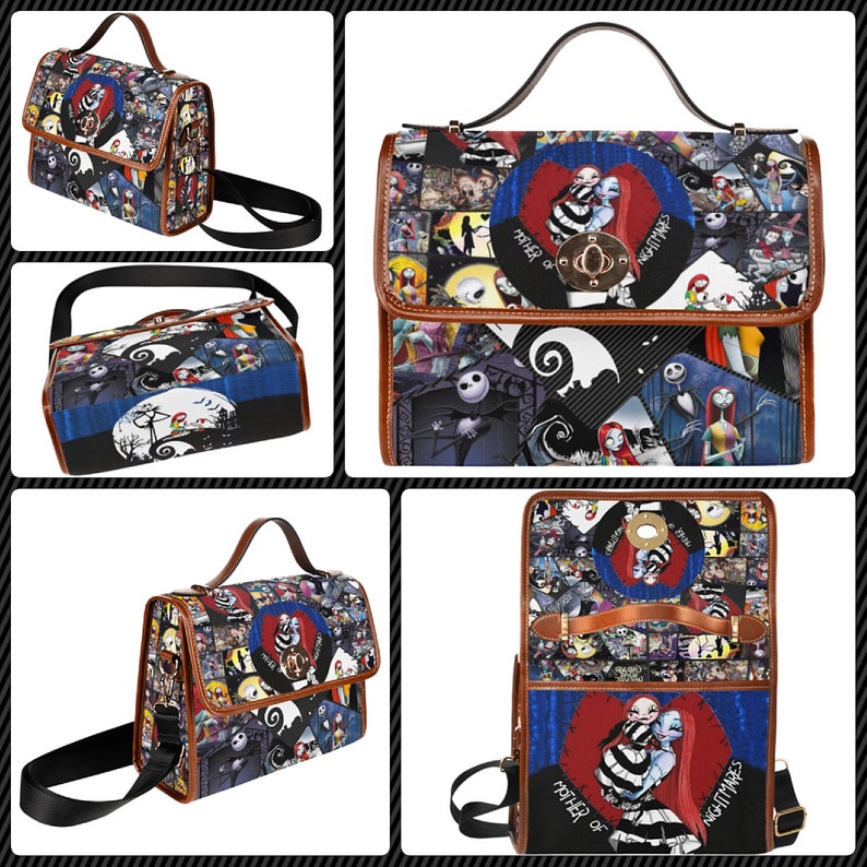 K&ouml;nnte beinhalten: Eine schwarze und wei&szlig;e Patchwork-Handtasche mit braunem Lederbesatz. Die Tasche zeigt verschiedene Bilder aus dem Film Nightmare Before Christmas, darunter Jack Skellington, Sally und die Figuren aus Halloween Town. Die Tasche hat einen oberen Griff und einen langen, verstellbaren Schultergurt.