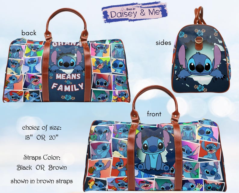May include: A blue travel bag featuring a collage of Stitch images. The bag has brown straps and handles, with the words "OHANA MEANS FAMILY" on the front. Available in 18 or 20 inch sizes.