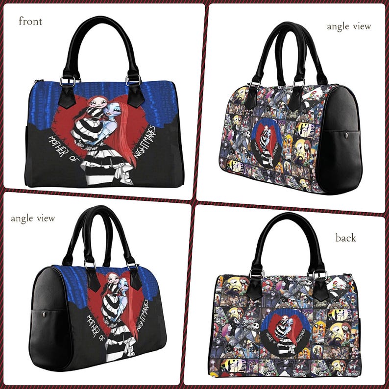 May include: A black handbag with a design from "The Nightmare Before Christmas." The front features Sally and Jack Skellington with the text "MOTHER OF NIGHTMARES." The bag has black handles and sides, with a collage of characters on the back.