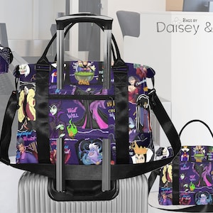 May include: Two purple and black travel bags featuring a print of Disney villains. The larger bag has a handle and a shoulder strap. The smaller bag has a handle. Both bags have the text "Well Well" printed on them.