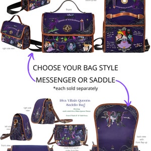 May include: Two styles of bags featuring Disney Villains, Maleficent and the Evil Queen. The messenger bag is purple with a spiderweb design and the saddle bag is purple with a spiderweb design. Both bags have a brown leather trim and feature the text "Queen of Wickedness" and "Wicked" and "True".