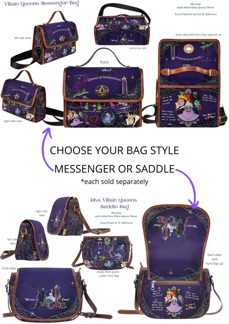 May include: Two styles of bags featuring Disney Villains, Maleficent and the Evil Queen. The messenger bag is purple with a spiderweb design and the saddle bag is purple with a spiderweb design. Both bags have a brown leather trim and feature the text "Queen of Wickedness" and "Wicked" and "True".