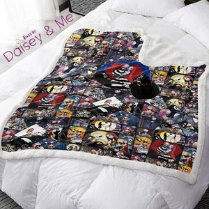 May include: A black and white fleece blanket with a collage of images from the movie "The Nightmare Before Christmas". The blanket features Jack Skellington, Sally, and other characters from the film.