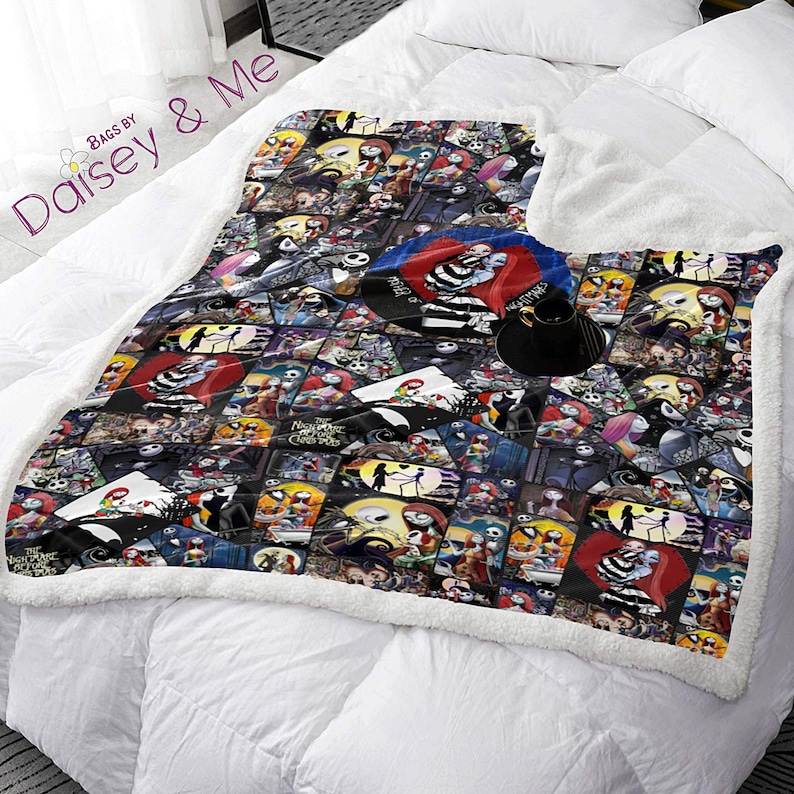 May include: A black and white fleece blanket with a collage of images from the movie "The Nightmare Before Christmas". The blanket features Jack Skellington, Sally, and other characters from the film.