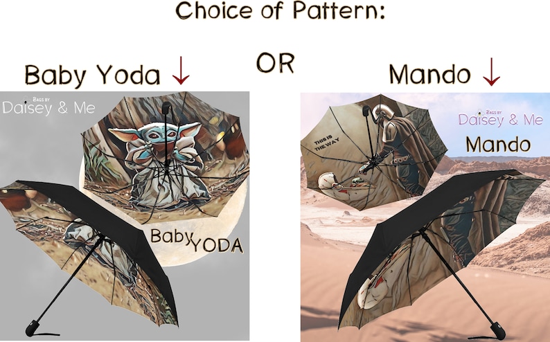 Pode incluir: Duas imagens de guarda-chuvas com designs diferentes. O primeiro guarda-chuva apresenta uma imagem de desenho animado de Baby Yoda da s&eacute;rie Star Wars. O segundo guarda-chuva apresenta uma imagem de desenho animado de Mandalorian da s&eacute;rie Star Wars. Ambos os guarda-chuvas t&ecirc;m o texto "This is the way" impresso neles.