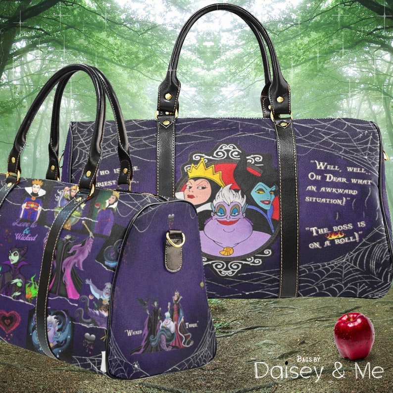 May include: Two purple and black travel bags with a spiderweb pattern and images of Disney villains. The larger bag features Ursula, Maleficent, and the Evil Queen. The smaller bag features a variety of villains including Cruella de Vil, the Evil Queen, and Ursula. The text on the bags reads "Well, well... Oh dear what an awkward situation!" and "The boss is on a roll!"