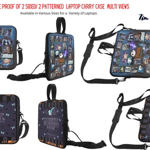 May include: A black laptop carrying case with a zipper closure. The front panel features a collage of images from the movie The Nightmare Before Christmas. The back panel features a quote from the movie. The case is shown in multiple views.